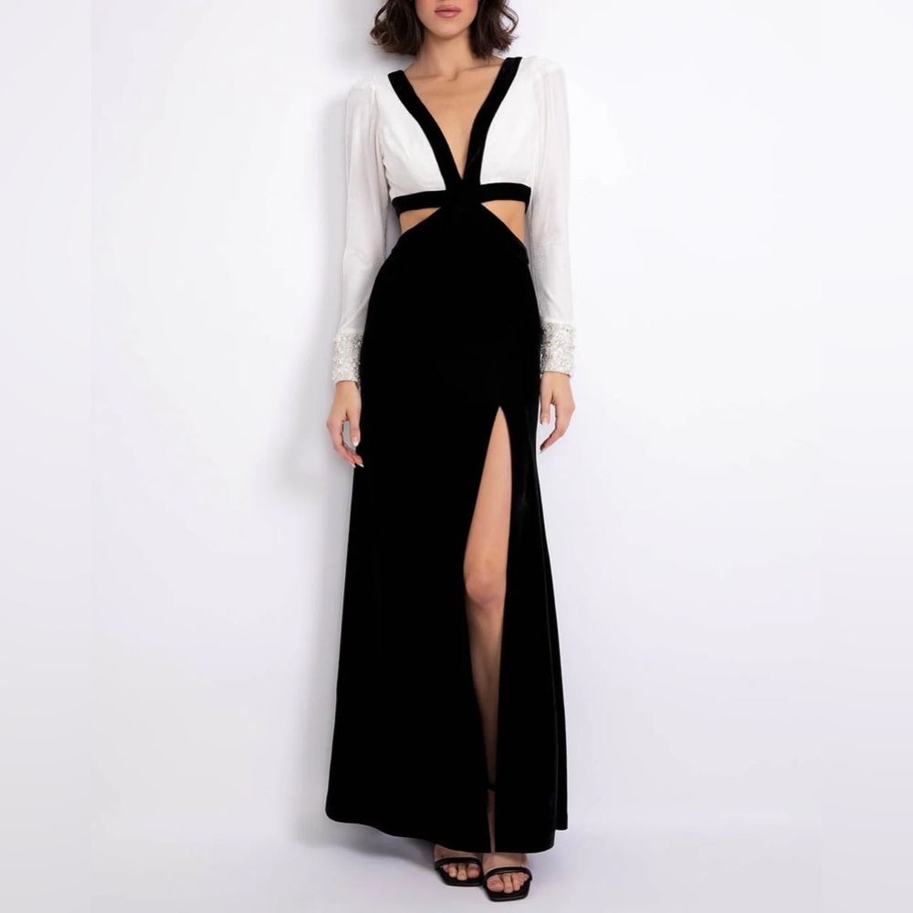 PatBO Black and White Long Sleeve Gown with Plunge Neckline